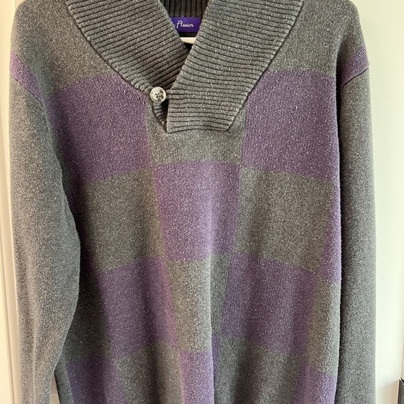 Alan Flusser Gray and Purple Checkered Long Sleeve Sweater Cowl Neck Collar Med - Picture 2 of 8
